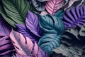 Various plant leaves background, floral tropical pattern for wallpaper, generative AI