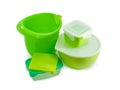 Various plastic food storage and cooking containers for home use