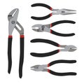 Various pliers, nippers set isolated on white. Tools related to construction, carpentry, repairing works