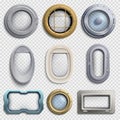 Various portholes vector set. Submarine, airplane and ship windows Royalty Free Stock Photo