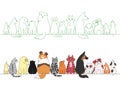 Various posing dogs and cats in a row