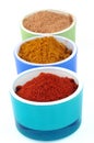 Ramekins of curry, paprika and ginger on a white background