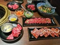 Various premium Japanese Wagyu marbling grilled beef yakiniku fire pot in Tokyo Japan