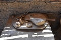 Various primitive objects found in an old hut made of wicker, clay and mud Royalty Free Stock Photo