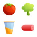 Various product icons set cartoon vector. Red tomato broccoli sausage and juice