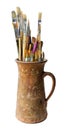 Various professional paint brushes in the old jar Royalty Free Stock Photo