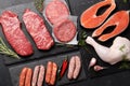 Various raw meat and fish. Steaks, sausages, salmon, chicken and spices