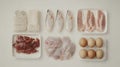 Various raw meats and eggs sorted into plastic containers, showcasing a systematic approach to storing food Royalty Free Stock Photo