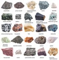 Various raw minerals with names isolated on white Royalty Free Stock Photo