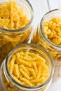 Various raw pasta in glass jar Royalty Free Stock Photo
