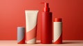 Various realistic cosmetic bottles isolated on red background