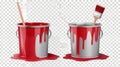 Various realistic 3D modern illustrations of paint can with brush, tin bucket with drops of red dye, metal pot and Royalty Free Stock Photo