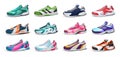 Various realistic sneakers. Colorful footwear. Collection of modern sport shoes for fitness and jogging and everyday Royalty Free Stock Photo
