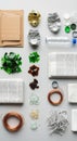 Various recyclable materials are neatly organized on a surface. Items include Royalty Free Stock Photo