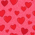 Various red hearts of different sizes float across a pink background adorned with light Royalty Free Stock Photo