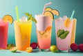 Various refreshing summer drinks in pastel colors. Summer time Royalty Free Stock Photo