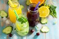 Various refreshments drinks. Cherry juice, detox cucumber water and orange juice