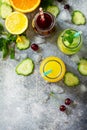 Various refreshments drinks - detox cucumber water, cherry juice and orange juice