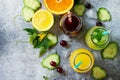 Various refreshments drinks - detox cucumber water, cherry juice and orange juice