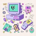 Various retro electronic storage devices characters set. Groove 90s cartoon style mascots of floppy disk or diskette