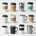 Various reusable coffee cups displayed in a grid on a light background. The collection Royalty Free Stock Photo