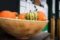 Various ripe pumpkins displayed during farmers market. Fresh bio pumpkins in grocery store