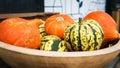 Various ripe pumpkins displayed during farmers market. Fresh bio pumpkins in grocery store