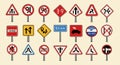 Various road signs on white background. Each sign varies in shape, including Royalty Free Stock Photo