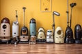 various robot vacuums displayed in a row, different models