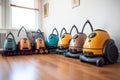 various robot vacuums displayed in a row, different models