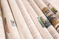 Various rolled newspapers, closeup Royalty Free Stock Photo