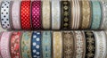 Various rolls of ribbon are displayed Royalty Free Stock Photo