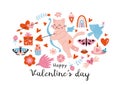 Various romantic objects like cupid cat, hearts and gifts, cartoon style. Valentine's Day concept. Design for