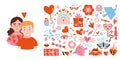 Various romantic objects and loving couple, cartoon style. Valentine's Day concept. Trendy vector illustration