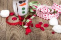 Hand crafted snowman, christmas craft ribbon , and buttons, laying on a wood grain background