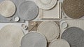 Plates and dry flowers are placed among the mats adding decorative Royalty Free Stock Photo