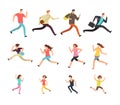 Various running people. Hurrying active male, female and kids vector set