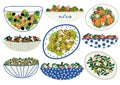 Various Salads Set, Appetizing Healthy Dishes with Fresh Vegetables, Mushrooms, Eggs, Salad Leaves Vector Illustration