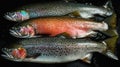 Various salmon fish on rustic table, AI generative flat lay, top view