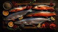 Various salmon fish on rustic table with oranges and cranberries, AI generative flat lay