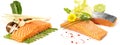 Various Salmon Steaks - Raw Fish Fillet with green Asparagus, Salad and Vegetables on white Background Royalty Free Stock Photo