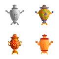 Various samovar icons set cartoon vector. Hot drink production equipment