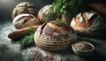 still life with breads, herbs, and seeds on a rough-hewn stone countertop. Generative AI