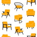 Various Scandinavian Armchairs in simple trendy flat style. Cushioned furniture. Seamless pattern.
