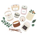 Various scented candles, burning aromatic candles in glass, aluminum jars, home aromatherapy. home interior decoration