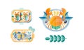 Various Seafood Dishes Set, Crab, Baked Fish, Caviar Sandwiches Flat Vector Illustration