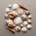 Various seashells arranged in a circular pattern on a smooth Royalty Free Stock Photo