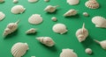 Various seashells are arranged on a green surface. The collection includes scallop Royalty Free Stock Photo