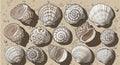 Each shell is distinct featuring spirals ridges and different shades of brown Royalty Free Stock Photo