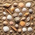 Various seashells including conch and cowrie are arranged on rippled Royalty Free Stock Photo
